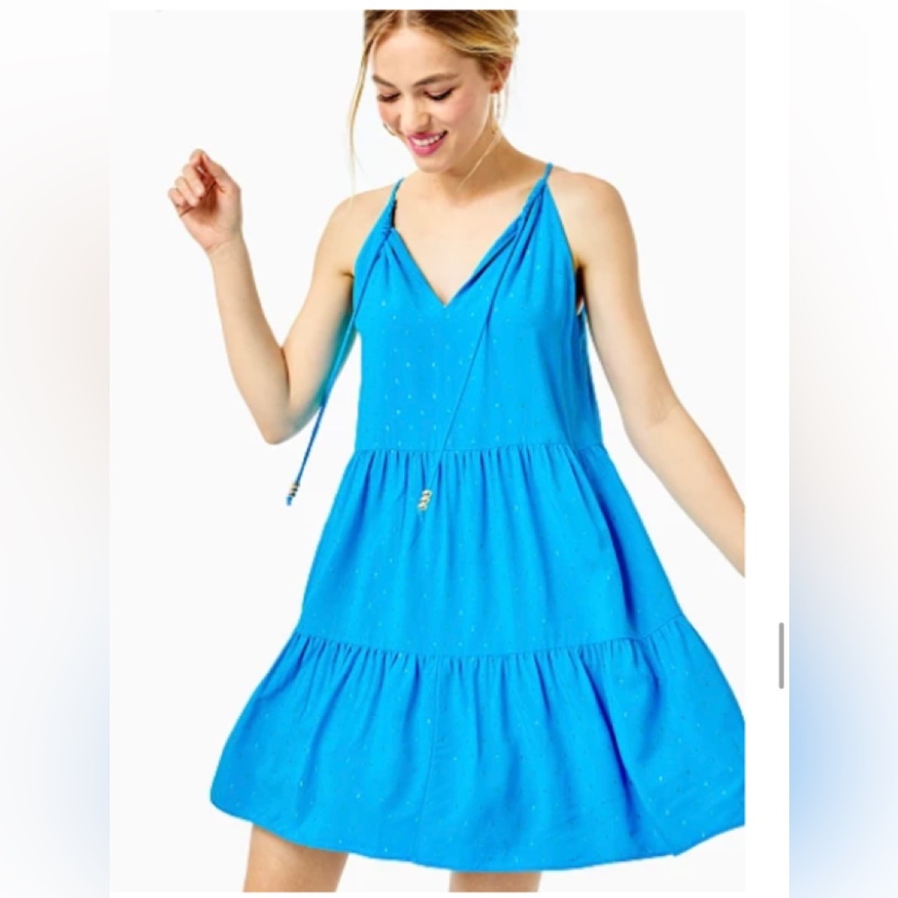Lily Pulitzer Litia Swing dress
Formentera Turquoise Metallic Clip Rayon Voile
